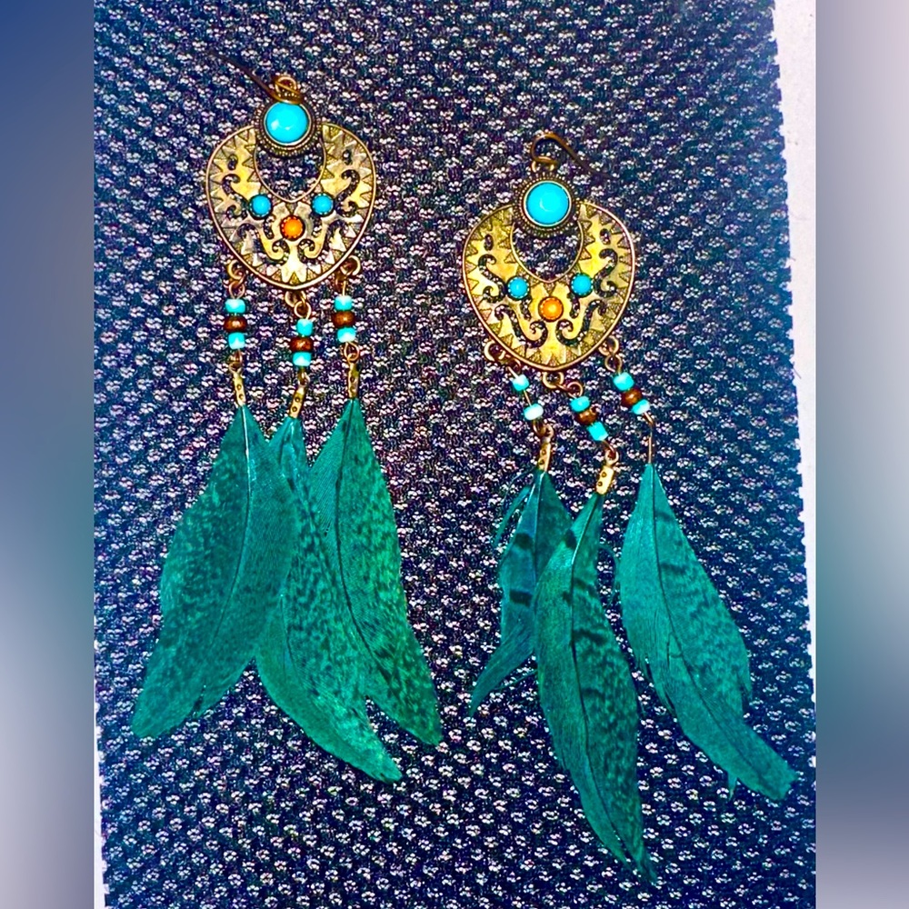 Gorgeous Feather & Stone Dangling Earrings